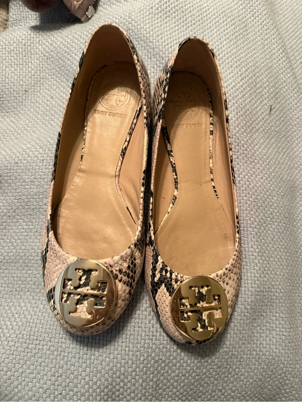 Tory Burch Pink-Beige Snake-Print Logo Ballet Flats